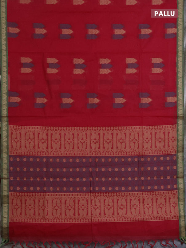 Nithyam cotton saree reddish pink and green with allover thread woven buttas and paisley thread woven border