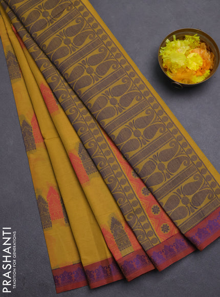Nithyam cotton saree mustard yellow and maroon with allover thread woven buttas and paisley thread woven border