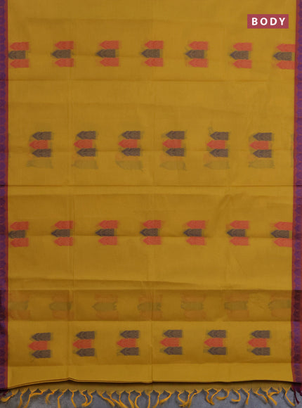 Nithyam cotton saree mustard yellow and maroon with allover thread woven buttas and paisley thread woven border