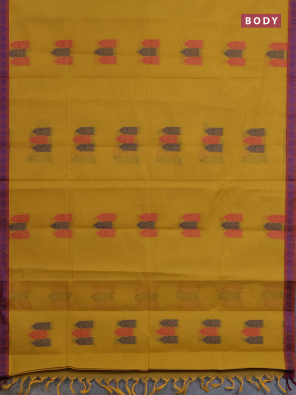 Nithyam cotton saree mustard yellow and maroon with allover thread woven buttas and paisley thread woven border