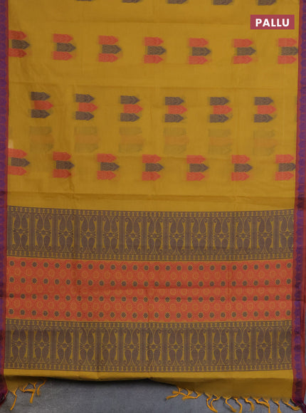 Nithyam cotton saree mustard yellow and maroon with allover thread woven buttas and paisley thread woven border
