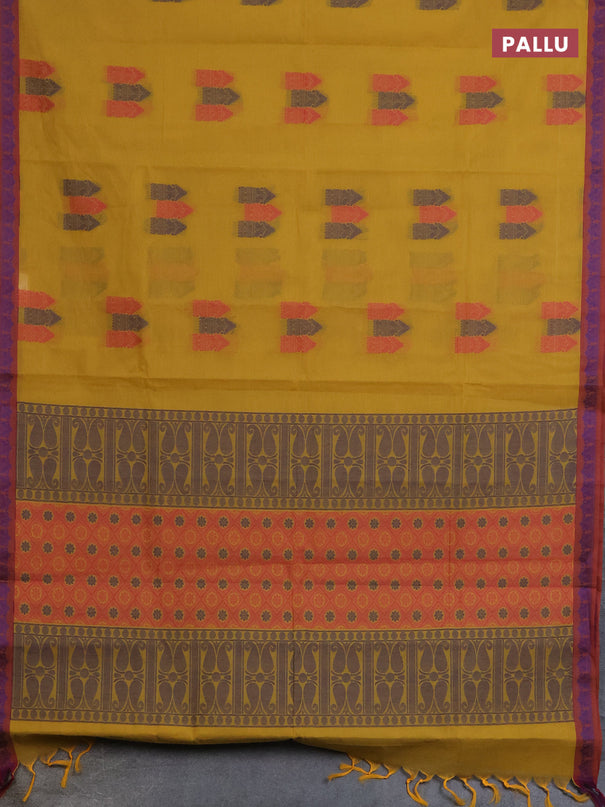 Nithyam cotton saree mustard yellow and maroon with allover thread woven buttas and paisley thread woven border
