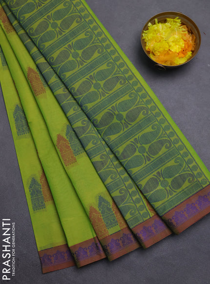 Nithyam cotton saree fluorescent green with allover thread woven buttas and paisley thread woven border