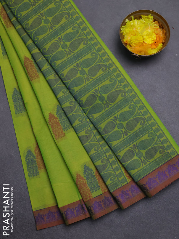 Nithyam cotton saree fluorescent green with allover thread woven buttas and paisley thread woven border