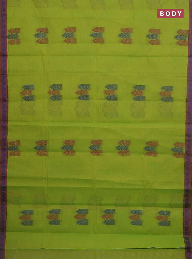 Nithyam cotton saree fluorescent green with allover thread woven buttas and paisley thread woven border