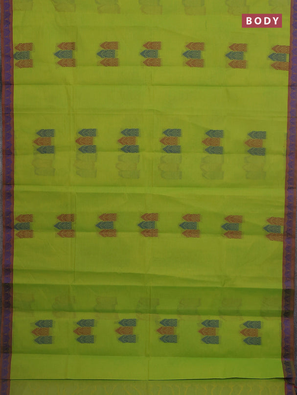 Nithyam cotton saree fluorescent green with allover thread woven buttas and paisley thread woven border