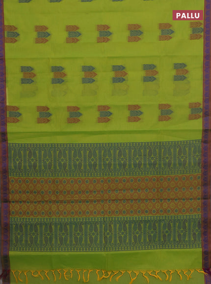 Nithyam cotton saree fluorescent green with allover thread woven buttas and paisley thread woven border