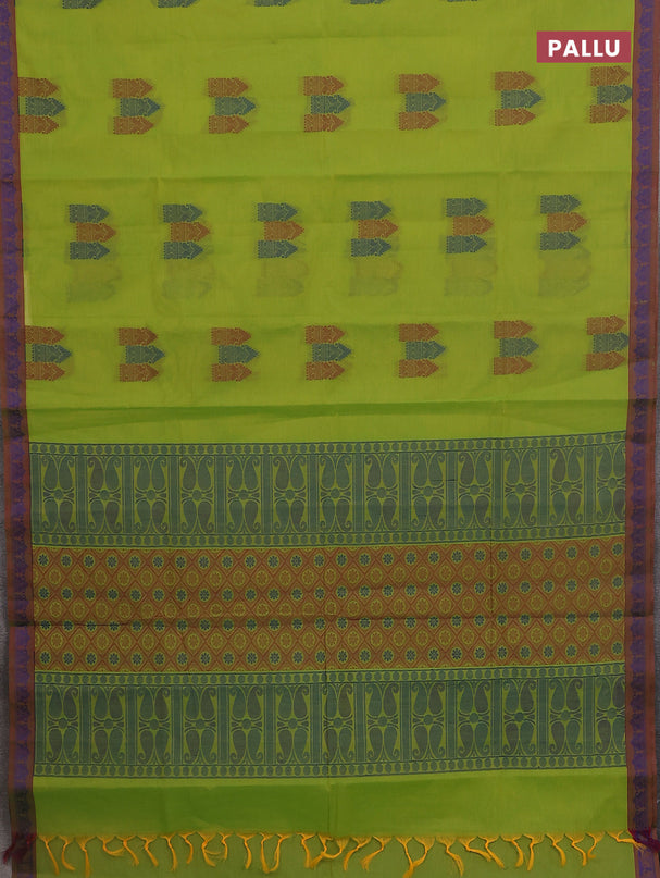 Nithyam cotton saree fluorescent green with allover thread woven buttas and paisley thread woven border