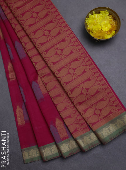 Nithyam cotton saree pink and green with allover thread woven buttas and paisley thread woven border