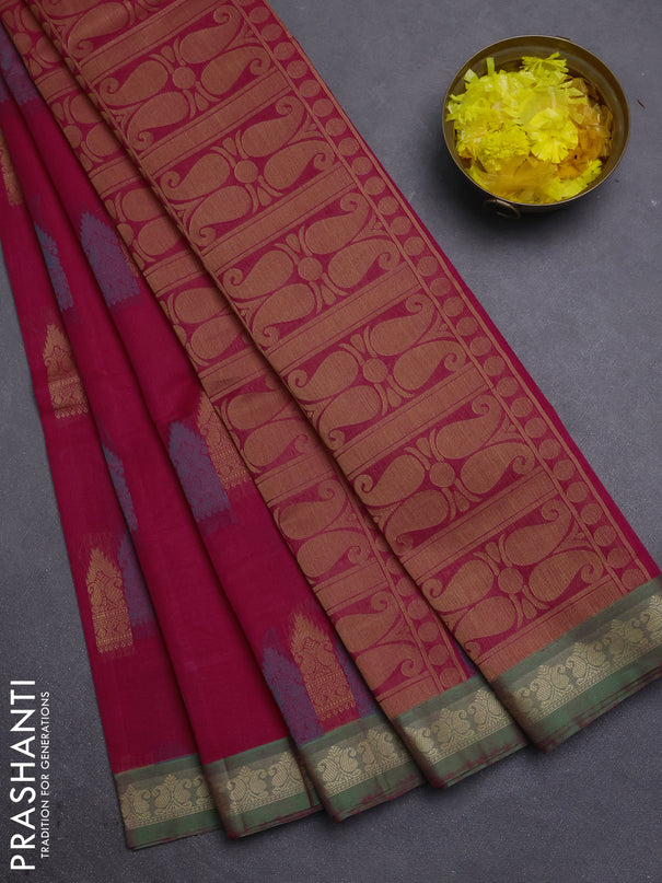 Nithyam cotton saree pink and green with allover thread woven buttas and paisley thread woven border