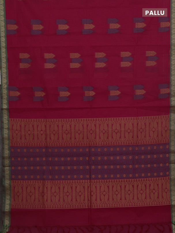 Nithyam cotton saree pink and green with allover thread woven buttas and paisley thread woven border