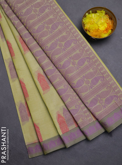 Nithyam cotton saree pista green and grey with allover thread woven buttas and paisley thread woven border