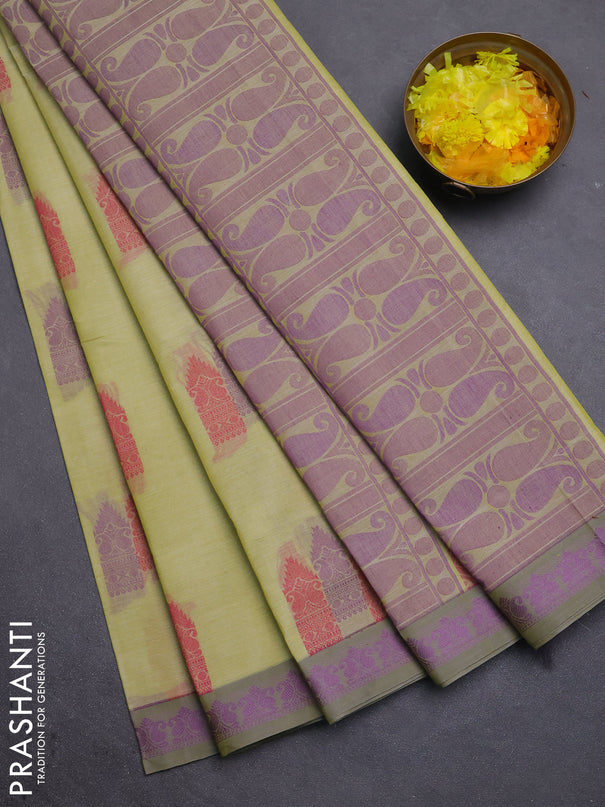 Nithyam cotton saree pista green and grey with allover thread woven buttas and paisley thread woven border