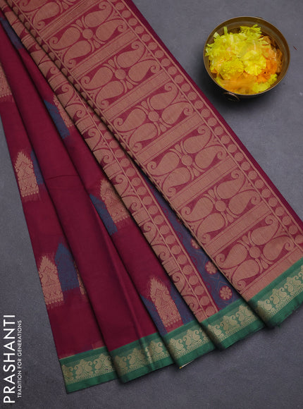 Nithyam cotton saree dark magenta pink and green with allover thread woven buttas and paisley thread woven border