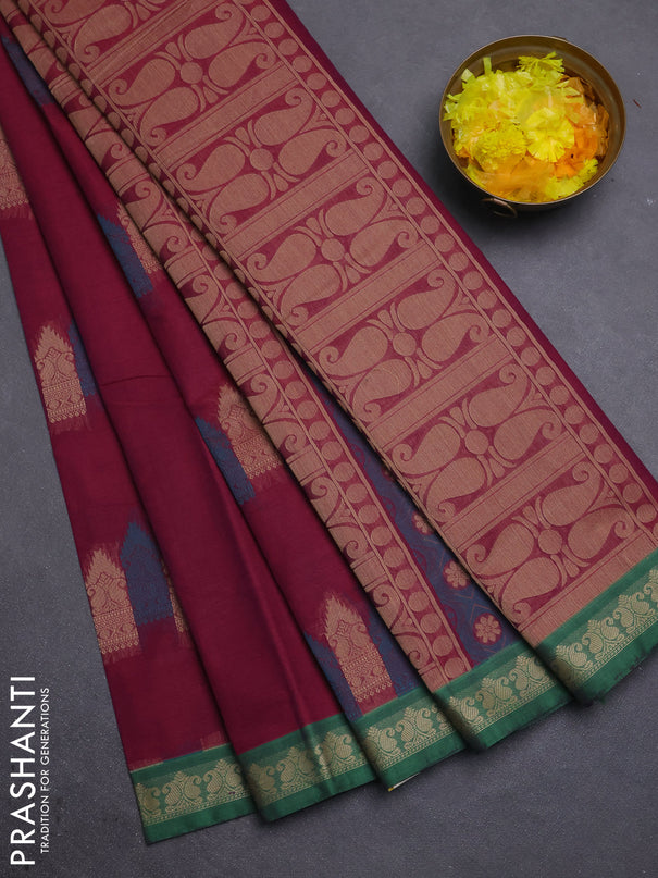 Nithyam cotton saree dark magenta pink and green with allover thread woven buttas and paisley thread woven border