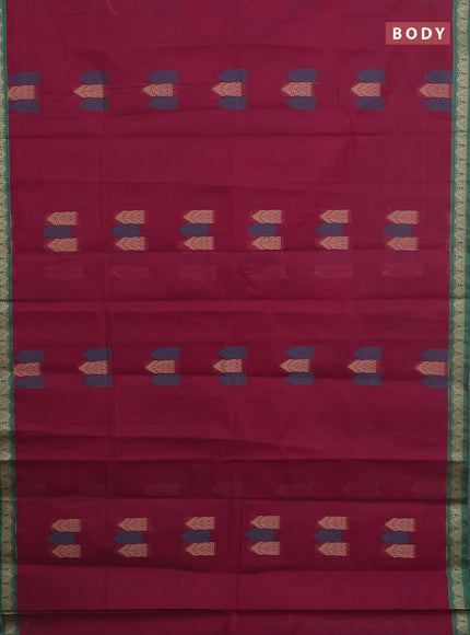 Nithyam cotton saree dark magenta pink and green with allover thread woven buttas and paisley thread woven border