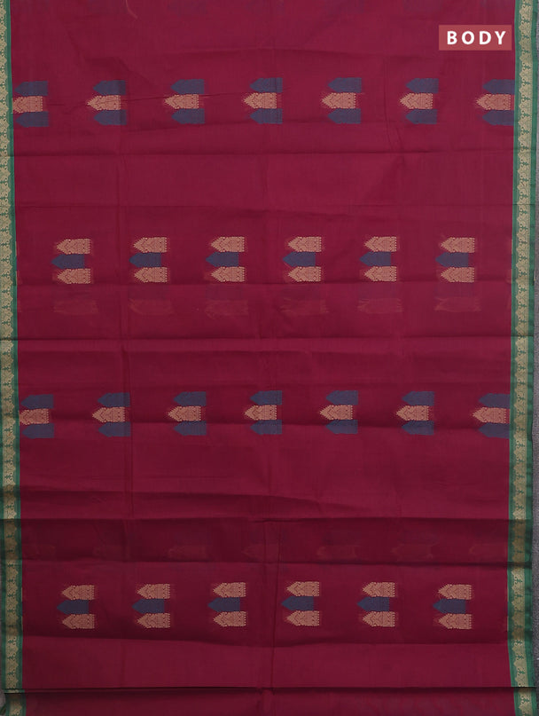 Nithyam cotton saree dark magenta pink and green with allover thread woven buttas and paisley thread woven border