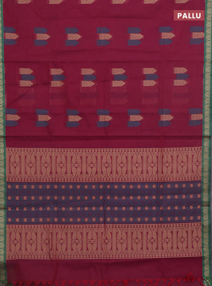 Nithyam cotton saree dark magenta pink and green with allover thread woven buttas and paisley thread woven border
