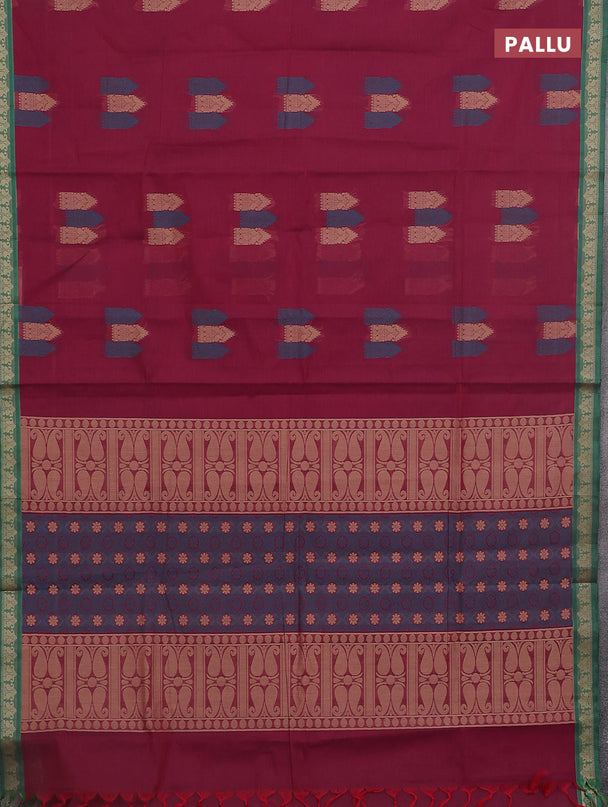 Nithyam cotton saree dark magenta pink and green with allover thread woven buttas and paisley thread woven border