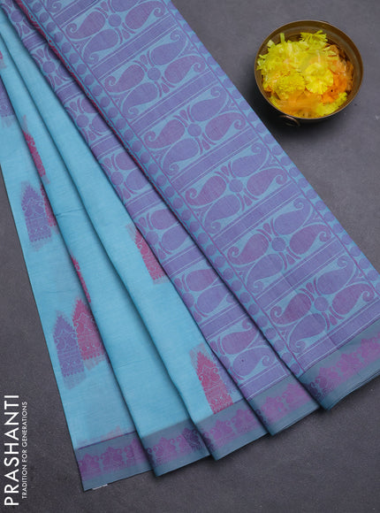 Nithyam cotton saree teal blue and grey with allover thread woven buttas and paisley thread woven border