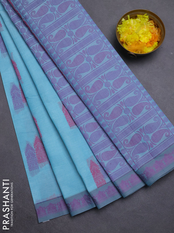 Nithyam cotton saree teal blue and grey with allover thread woven buttas and paisley thread woven border