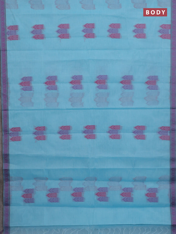 Nithyam cotton saree teal blue and grey with allover thread woven buttas and paisley thread woven border