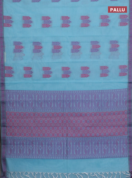 Nithyam cotton saree teal blue and grey with allover thread woven buttas and paisley thread woven border