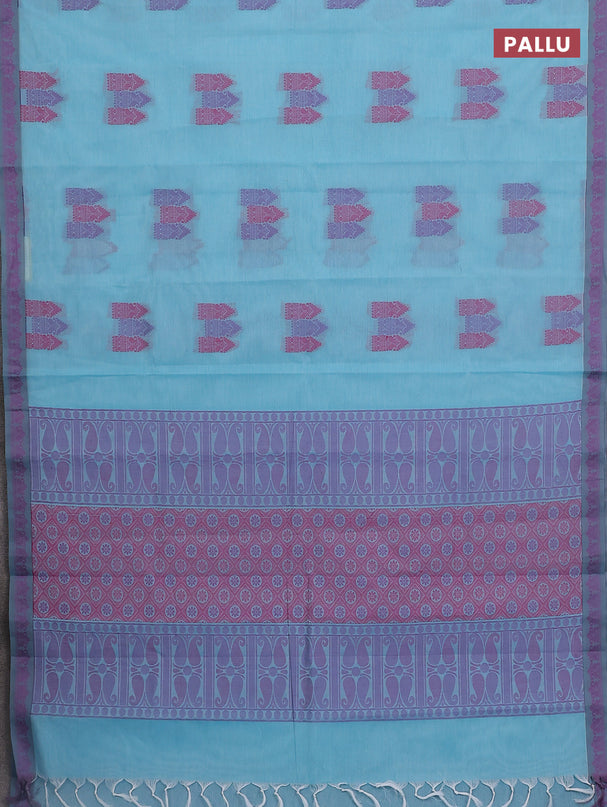 Nithyam cotton saree teal blue and grey with allover thread woven buttas and paisley thread woven border