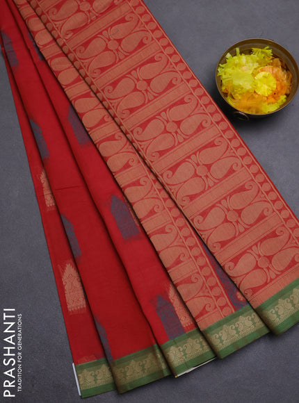 Nithyam cotton saree red and green with allover thread woven buttas and paisley thread woven border