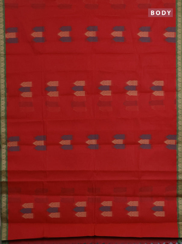 Nithyam cotton saree red and green with allover thread woven buttas and paisley thread woven border