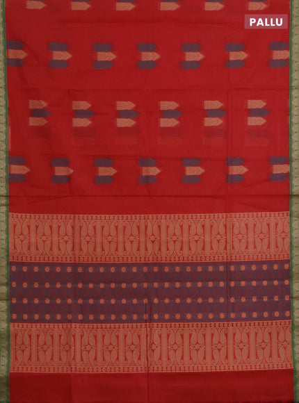 Nithyam cotton saree red and green with allover thread woven buttas and paisley thread woven border