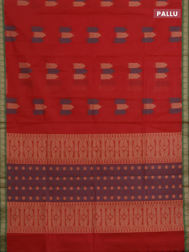 Nithyam cotton saree red and green with allover thread woven buttas and paisley thread woven border
