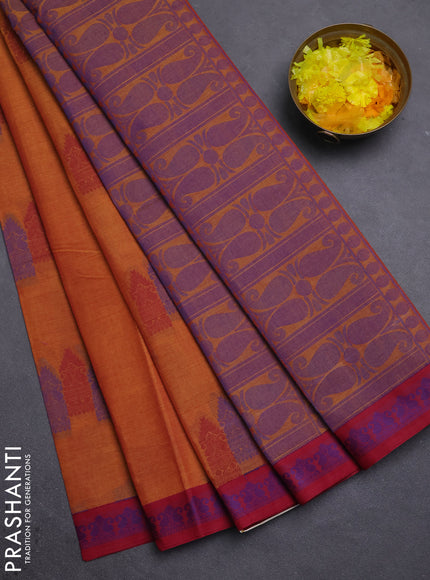 Nithyam cotton saree dark mustard and maroon with allover thread woven buttas and paisley thread woven border