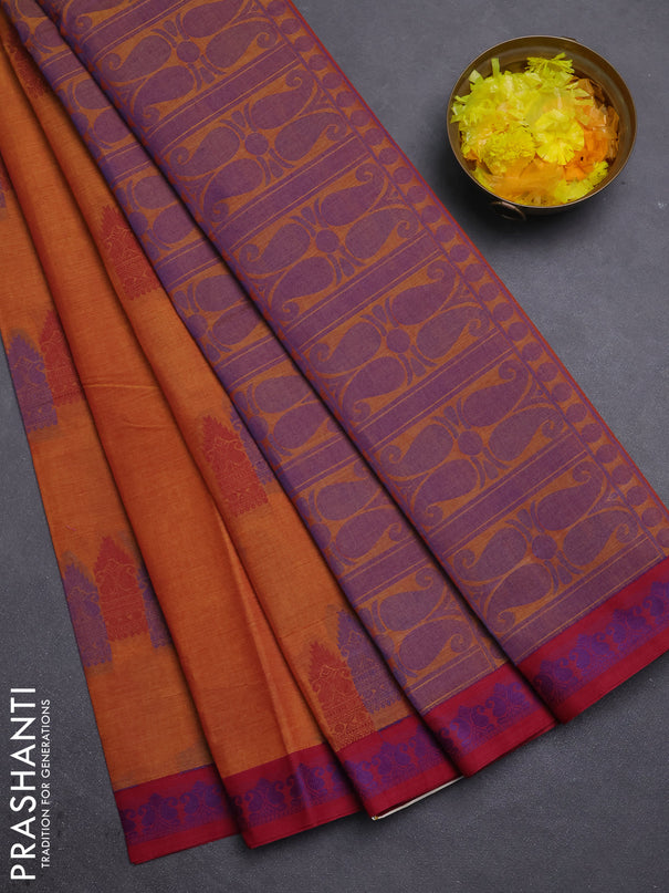 Nithyam cotton saree dark mustard and maroon with allover thread woven buttas and paisley thread woven border