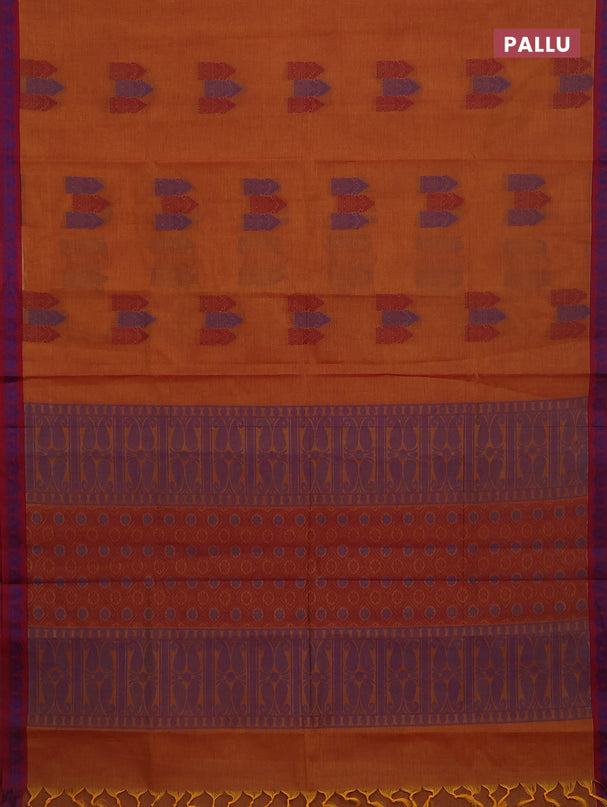 Nithyam cotton saree dark mustard and maroon with allover thread woven buttas and paisley thread woven border