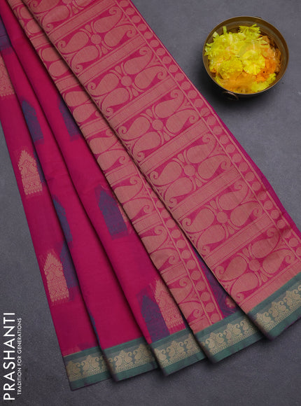 Nithyam cotton saree magenta pink and green with allover thread woven buttas and paisley thread woven border