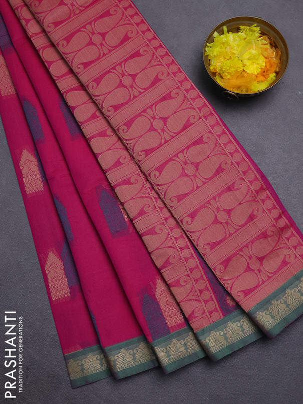 Nithyam cotton saree magenta pink and green with allover thread woven buttas and paisley thread woven border