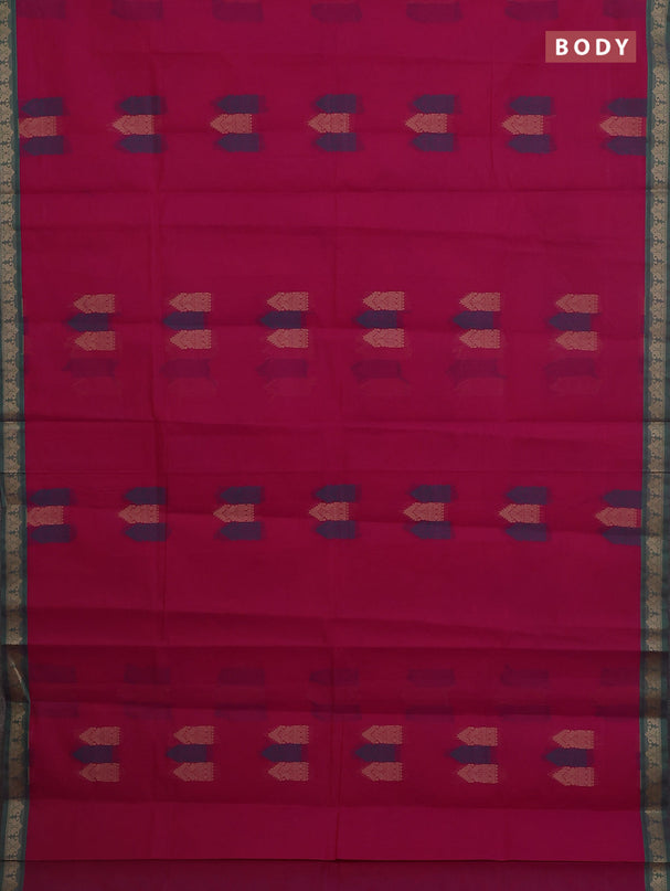 Nithyam cotton saree magenta pink and green with allover thread woven buttas and paisley thread woven border