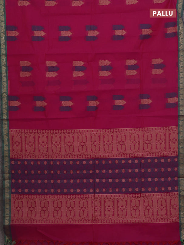 Nithyam cotton saree magenta pink and green with allover thread woven buttas and paisley thread woven border
