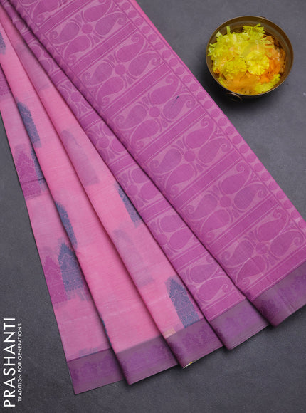 Nithyam cotton saree light pink and grey with allover thread woven buttas and paisley thread woven border
