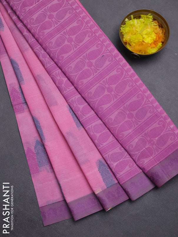 Nithyam cotton saree light pink and grey with allover thread woven buttas and paisley thread woven border