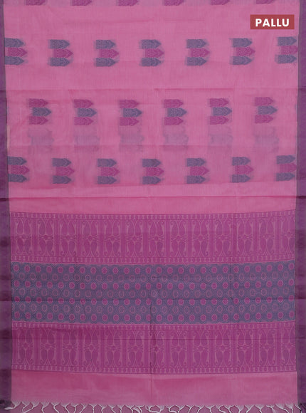 Nithyam cotton saree light pink and grey with allover thread woven buttas and paisley thread woven border