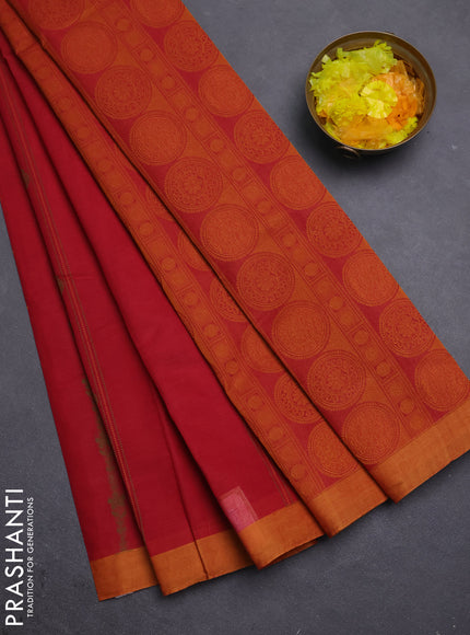 Nithyam cotton saree maroon and yellow with allover thread weaves & buttas and simple border