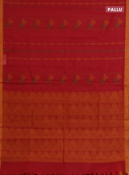Nithyam cotton saree maroon and yellow with allover thread weaves & buttas and simple border
