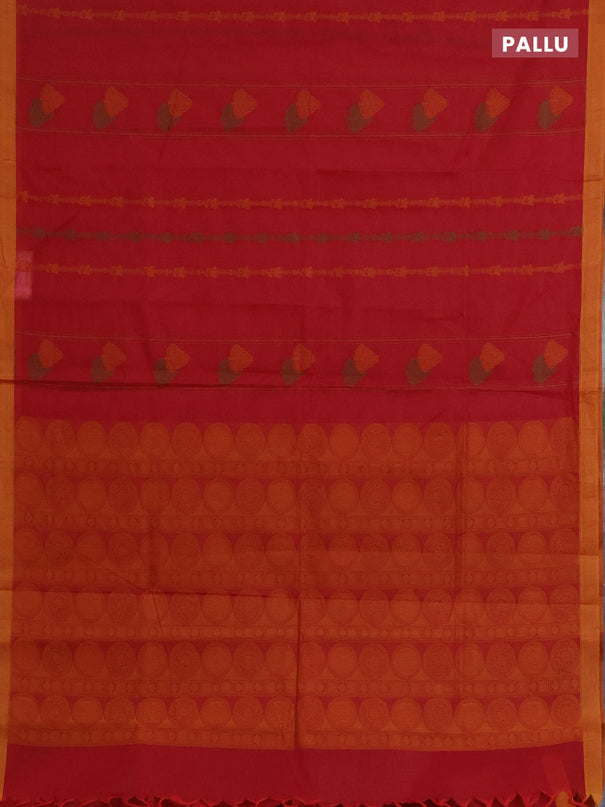 Nithyam cotton saree maroon and yellow with allover thread weaves & buttas and simple border