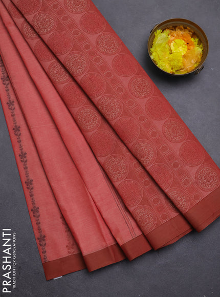 Nithyam cotton saree red shade and brown with allover thread weaves & buttas and simple border