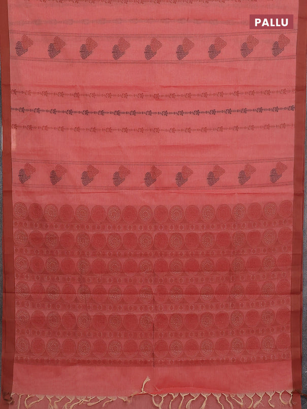 Nithyam cotton saree red shade and brown with allover thread weaves & buttas and simple border