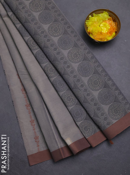 Nithyam cotton saree grey and brown with allover thread weaves & buttas and simple border