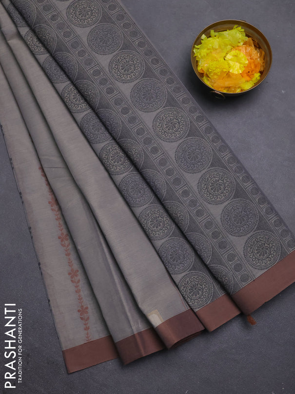 Nithyam cotton saree grey and brown with allover thread weaves & buttas and simple border