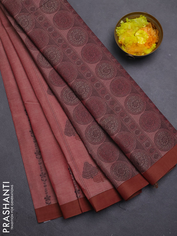 Nithyam cotton saree dual shade of maroon and brown with allover thread weaves & buttas and simple border